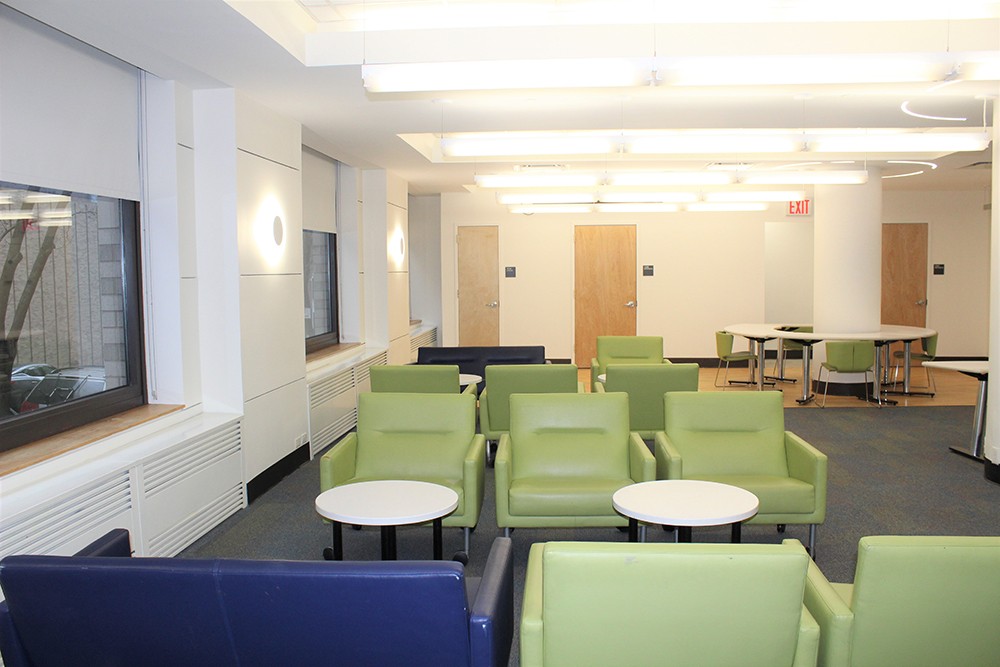 Over winter break, improvements to the Schapiro Hall main lounge included new lighting and painting. Over winter break, improvements to the Schapiro Hall main lounge included new lighting and painting.
