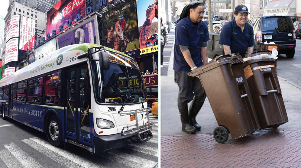 Left: Sustainable Columbia electric bus in Times Square for the ACT International Conference in August, 2019; Right: Columbia Dining employees roll bins full of compost to the curb for DSNY organics collection. Electric bus in Times Square and Dining employees with compost bins