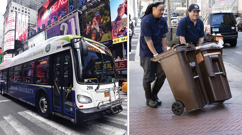 Electric bus in Times Square and Dining employees with compost bins