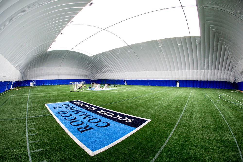 The Bubble at Baker is inflated over the Rocco B. Commisso Soccer Stadium during winter months, allowing Columbia's field sports teams to train year-round. (Photo credit: Columbia University Athletics) Interior shot of the seasonal air supported structure at the Baker Athletics Complex