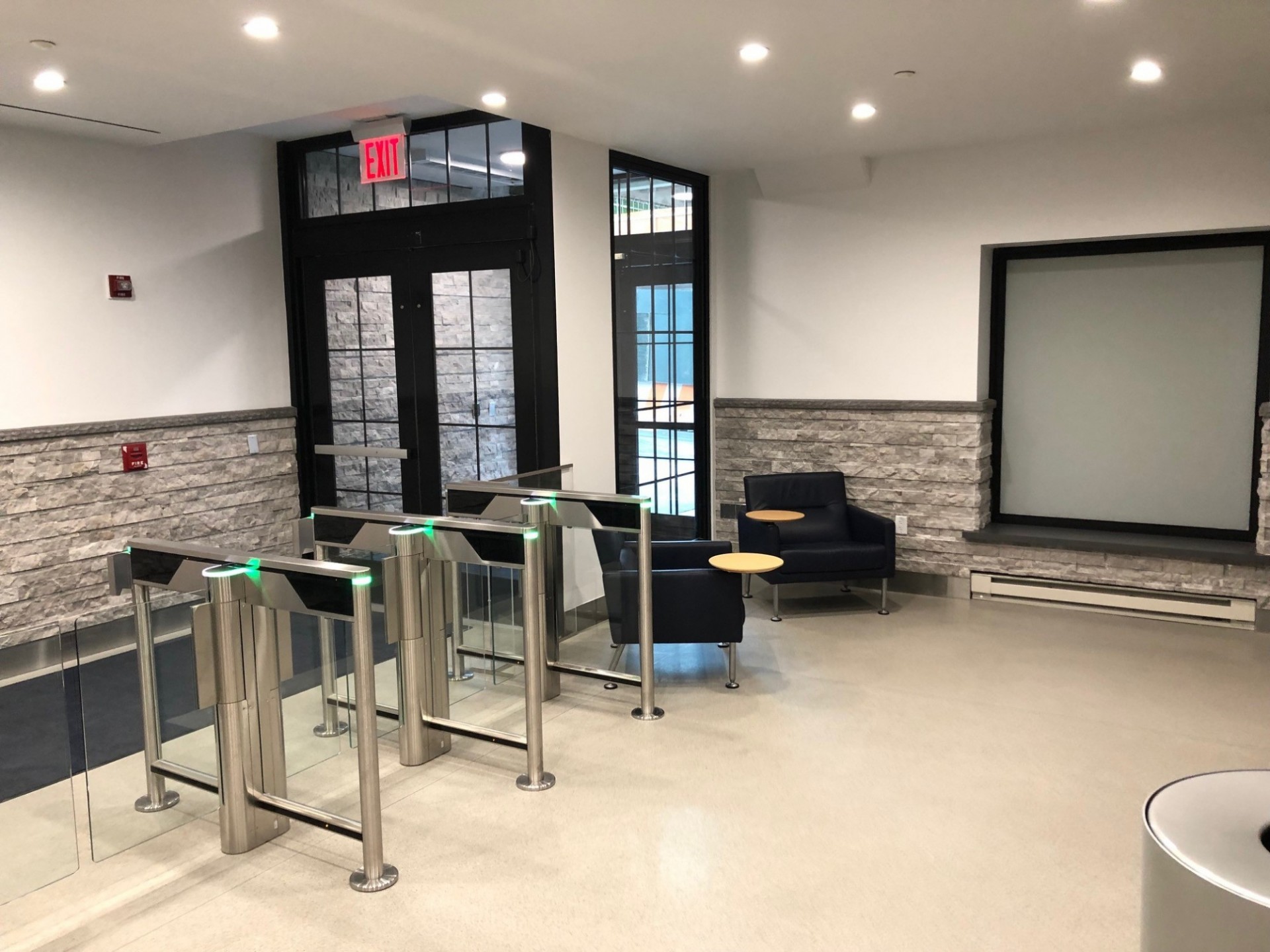 Turnstiles were installed at the lobby entrance, similar to what is in place at other Columbia buildings in Manhattanville. Turnstiles were installed at the lobby entrance, similar to what is in place at other Columbia buildings in Manhattanville.