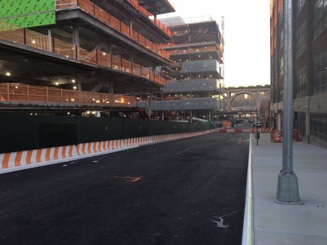 West 131st Street will reopen to westbound traffic from Broadway to 12th Avenue on Monday, November 11 A repaved West 131st Street with the Columbia Business School construction site to the left.