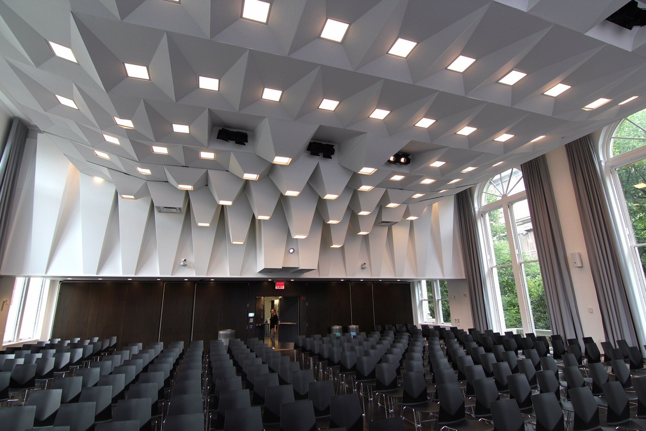 Pulitzer Hall: Upgrades to the Joseph D. Jamail Lecture Hall on the building’s third floor, consisted of new, accessible doors, a new wood floor, energy-efficient LED lighting, an acoustic ceiling, and other historic restoration of the space including new, double-height arch windows. Pulitzer Hall: Upgrades to the Joseph D. Jamail Lecture Hall on the building’s third floor, consisted of new, accessible doors, a new wood floor, energy-efficient LED lighting, an acoustic ceiling, and other historic restoration of the space including new, double-height arch windows.