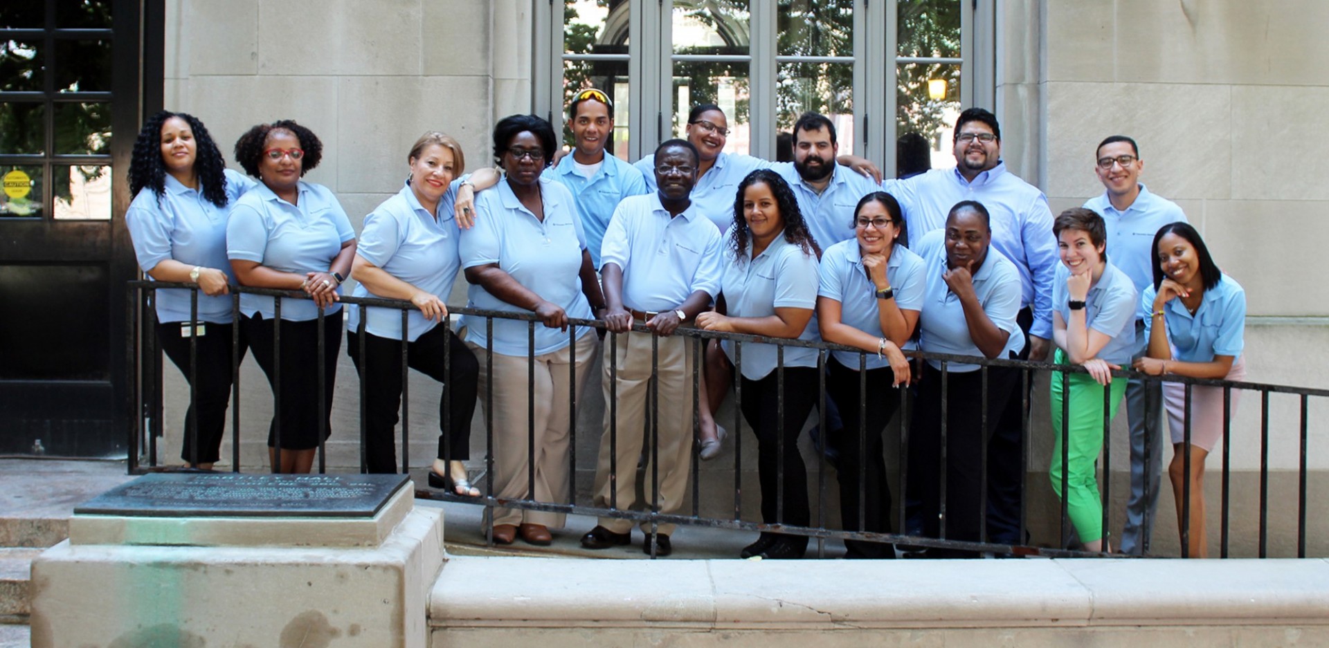 The Hospitality Desk team is available all day and all night to support residential undergraduates in Columbia College and SEAS.  Front, left to right: Livanessa Garcia, Wanda Suero, Angie Sanabria, Jane Hutchinson, George Ayisi, Afshan Nawaz, Flor Donoso, Cheryl Cross, Jaz Shovlin, Berbelin Valentin   Back, left to right: Lenwood James, Ashley Andrews, Mike Lopin, Esteban Pomboza, Ahmed Nassef