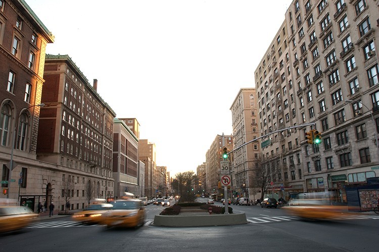 A shot diown Broadway showing Columbia University buildings