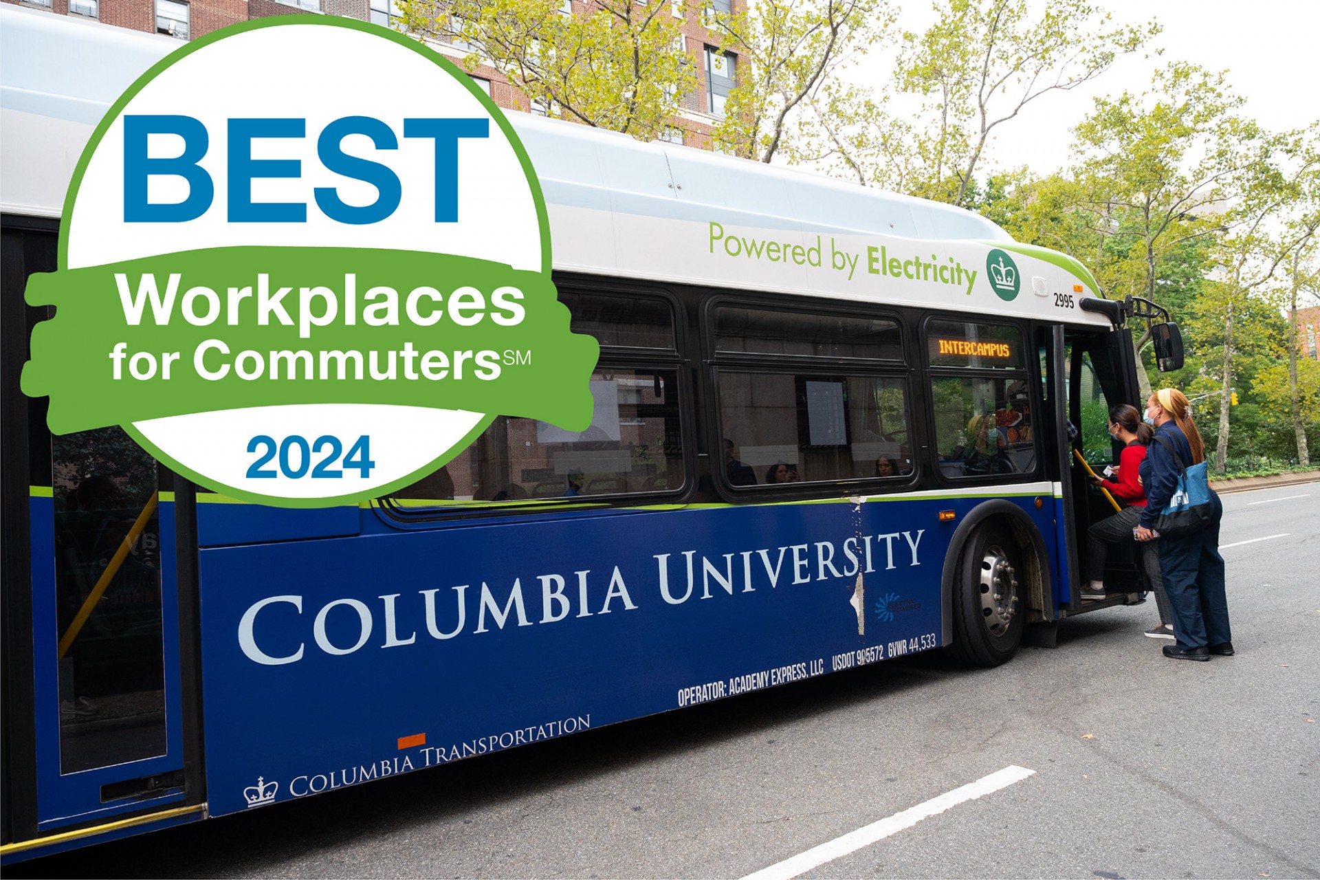 Best Workplaces for Commuters 2024 logo over an image of the Columbia University shuttle bus picking up passengers at a Manhattan bus stop