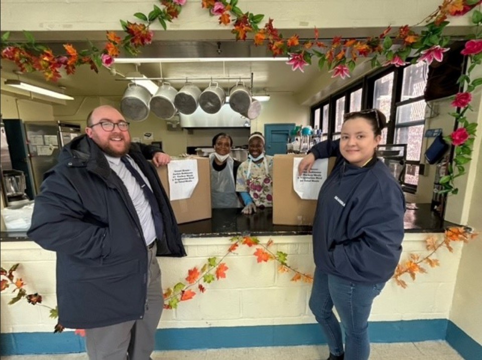 Members of Construction Business Initiatives help to deliver 150 pre-packed Thanksgiving meals to senior homes in Harlem including the Riverstone Senior Life Services. Members from Riverstone Senior Life Services receiving their pre-Thanksgiving meals