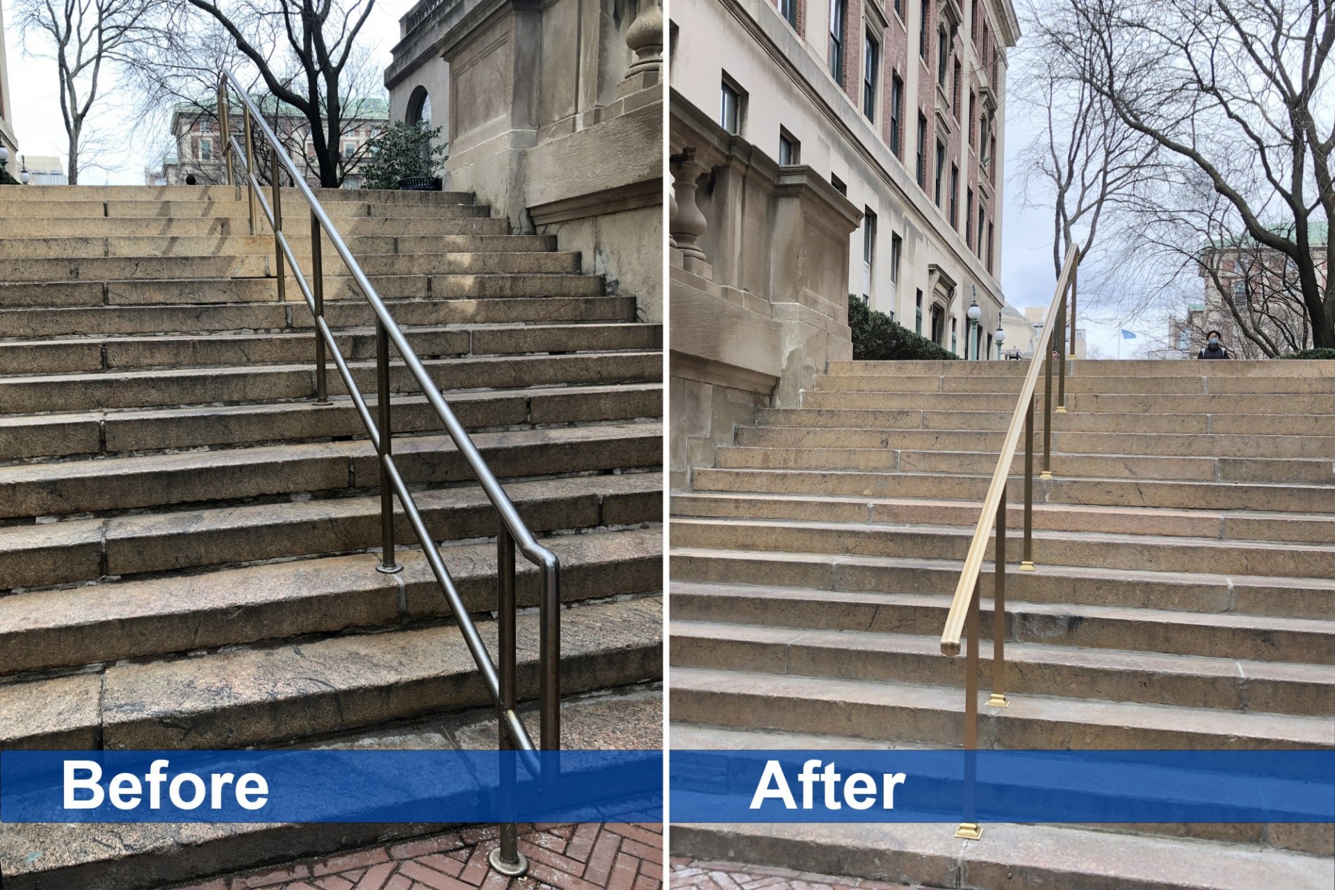 Before and after photos of the granite step renovation and handrail replacement at the 114th Street entrance