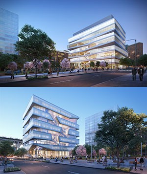 Renderings of David Geffen Hall and Henry R. Kravis Hall, the new buildings for the Columbia Business School in Manhattanville.