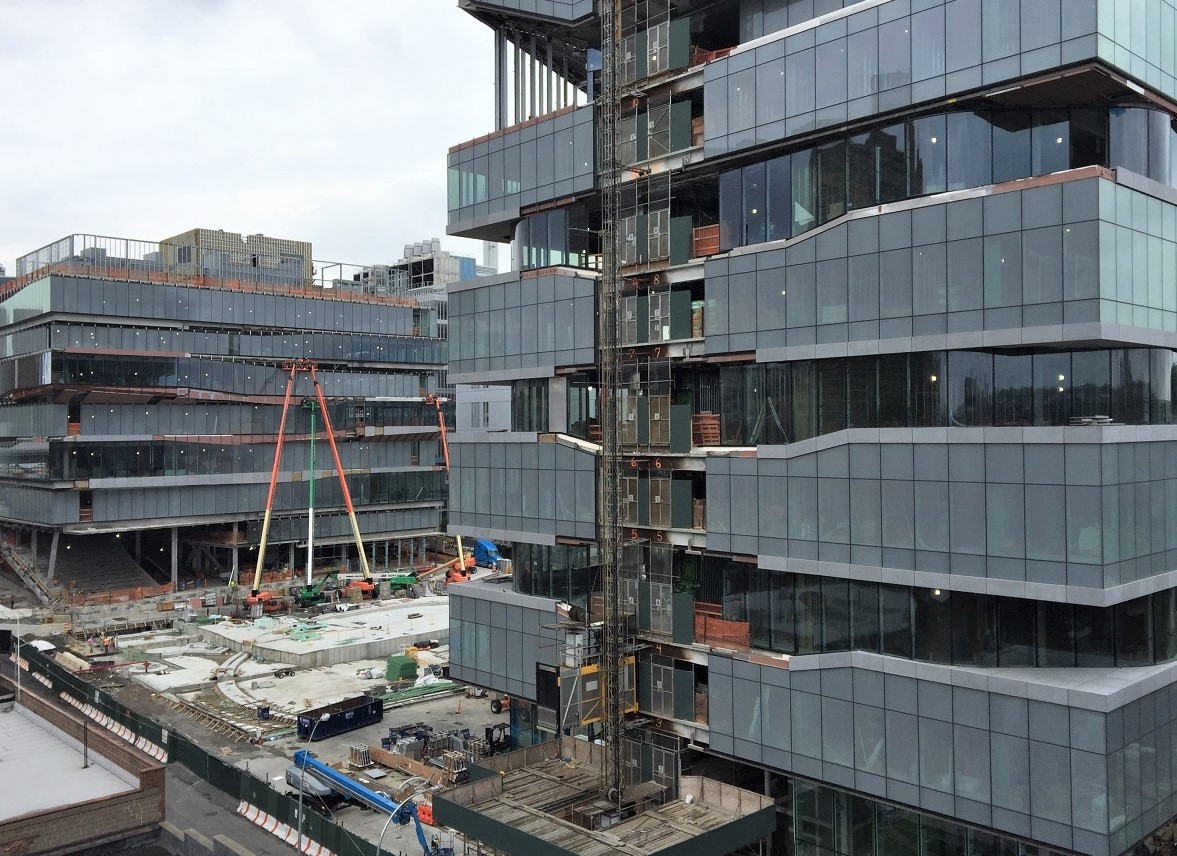 The new Columbia Business School buildings are among the construction projects that have resumed. Construction on the two Columbia Business School buildings at the Manhattanville campus
