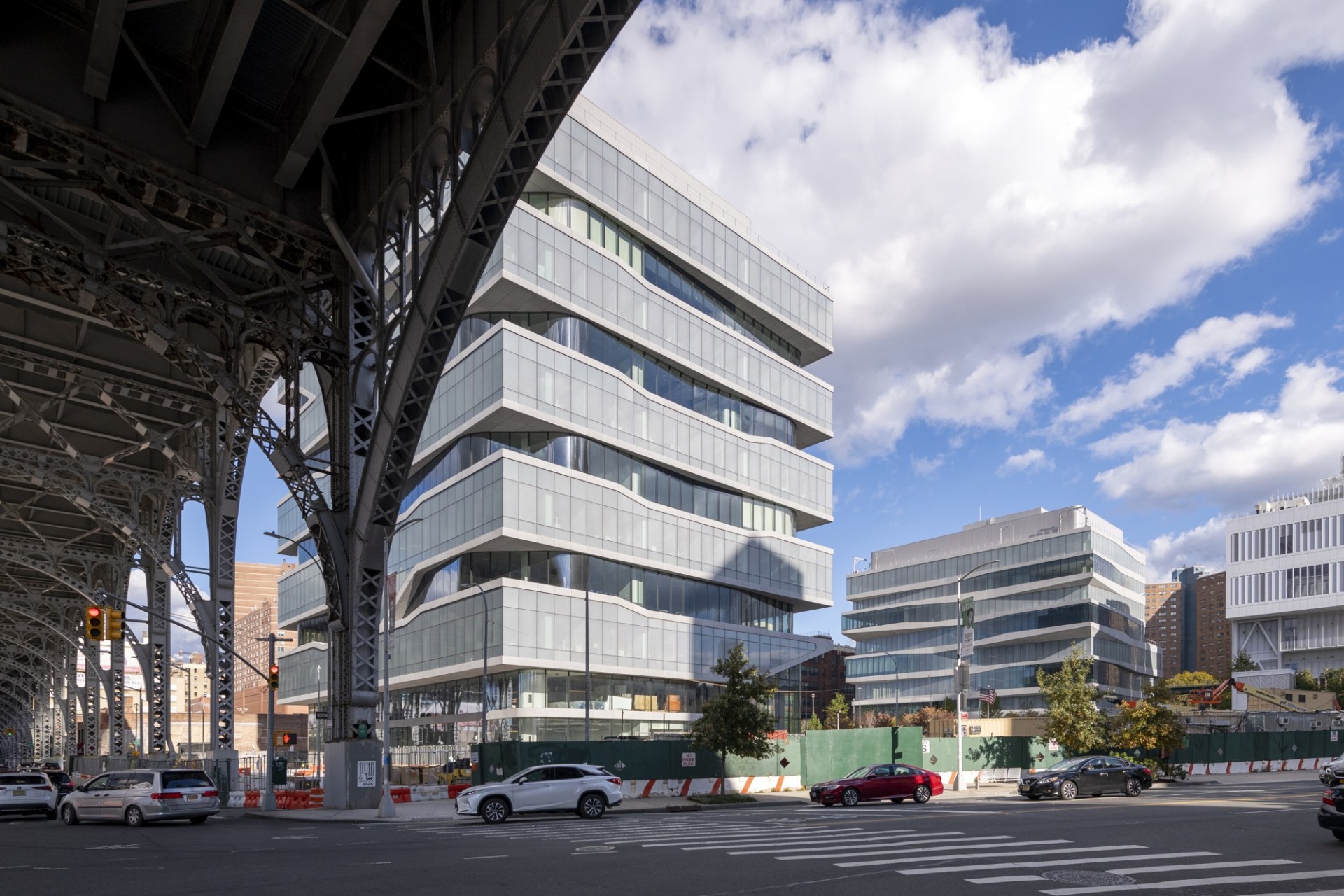 A view of the completed Columbia Business School buildings from across the street, underneath the viaduct.