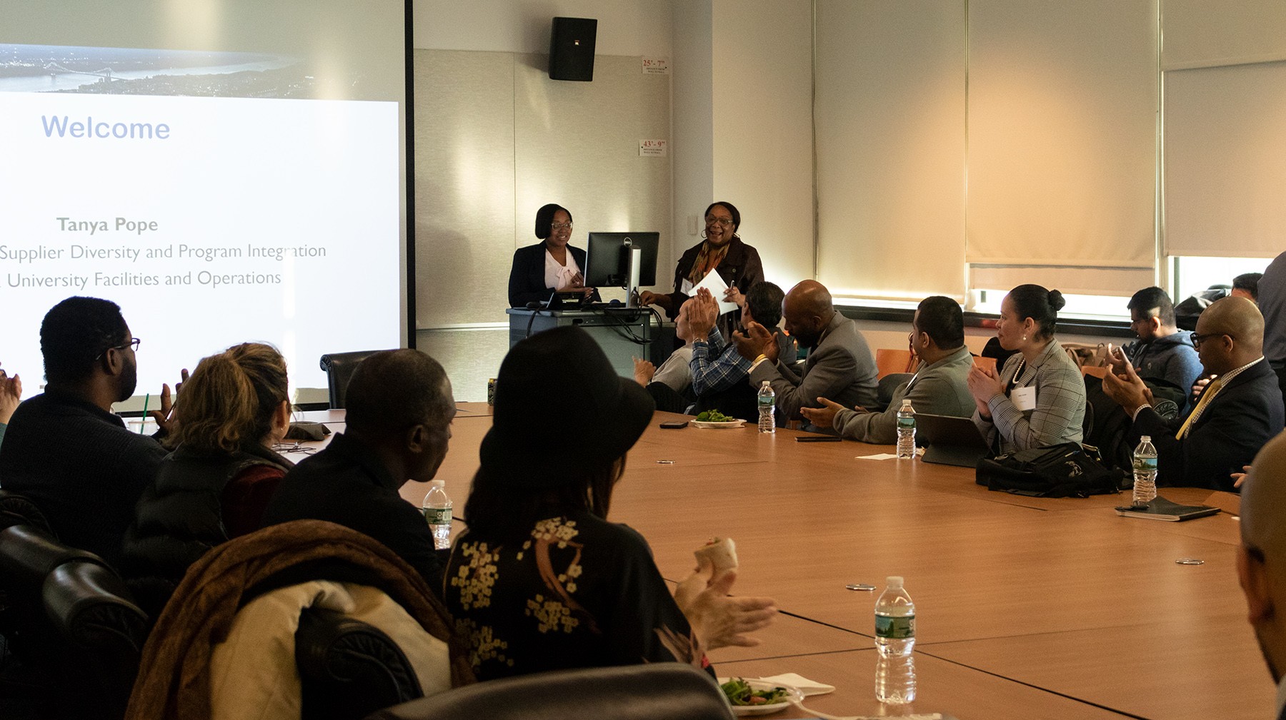 CU Grow leaders Scharlene de la Cruz, Program Administrator, left, and Tanya Pope, AVP for University Supplier Diversity and Program Integration, welcome the 2019 cohort of small business owners and their coaches to the program’s third year. CU Grow leaders Scharlene de la Cruz, Program Administrator, left, and Tanya Pope, AVP for University Supplier Diversity and Program Integration, welcome the 2019 cohort of small business owners and their coaches to the program’s third year.