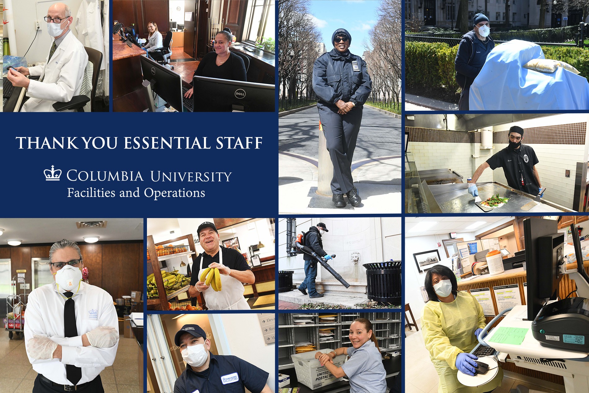 A collage of essential workers, featuring healthcare, housing, custodial, grounds, public safety, mail, and dining workers.