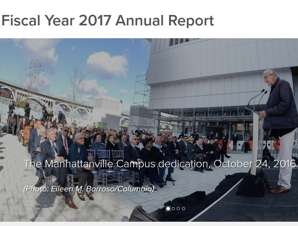 A screenshot of the FY2017 annual report with a photo of the Manhattanville campus dedication ceremony event that took place at the Small Square.