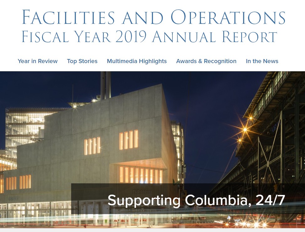 A screenshot of the beginning of the landing page of the FY2019 annual report, with a photo of The Forum in the evening on it.