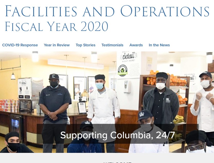 A screenshot of the beginning of the landing page of the FY2020 annual report, with a group photo of Columbia Dining team on it.