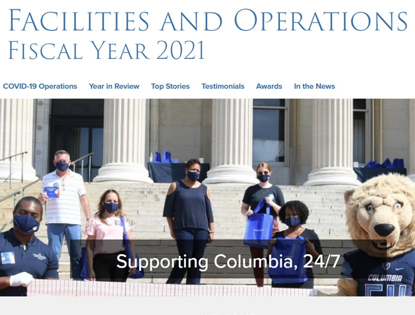 A screenshot of the Facilities and Operations Fiscal Year 2021 annual report, with a photo of a group of Columbia employees stand on Low steps with Roaree and hold blue tote bags.