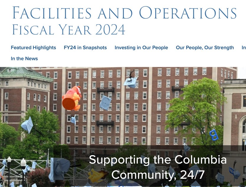 A screenshot of the Fiscal Year 2024 Facilities and Operations Report, with a photo of hats being thrown up in the air.
