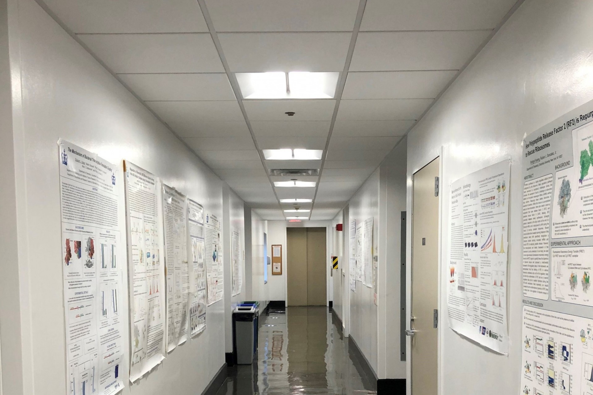 A hallway in Havemeyer Hall that is painted white and has new LED lights installed in the ceiling.