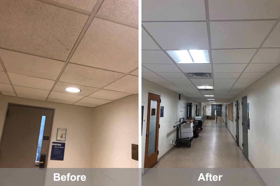 Before and after photos showing new ceiling tiles and LED lighting installed in the International Affair Buildings hallway.