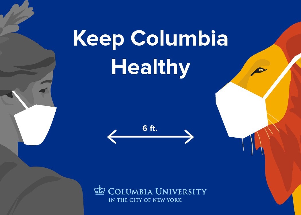 Example of a postcard saying Keep Columbia Healthy with Alma Mater and Roaree the Lion each wearing a face covering and standing six feet apart