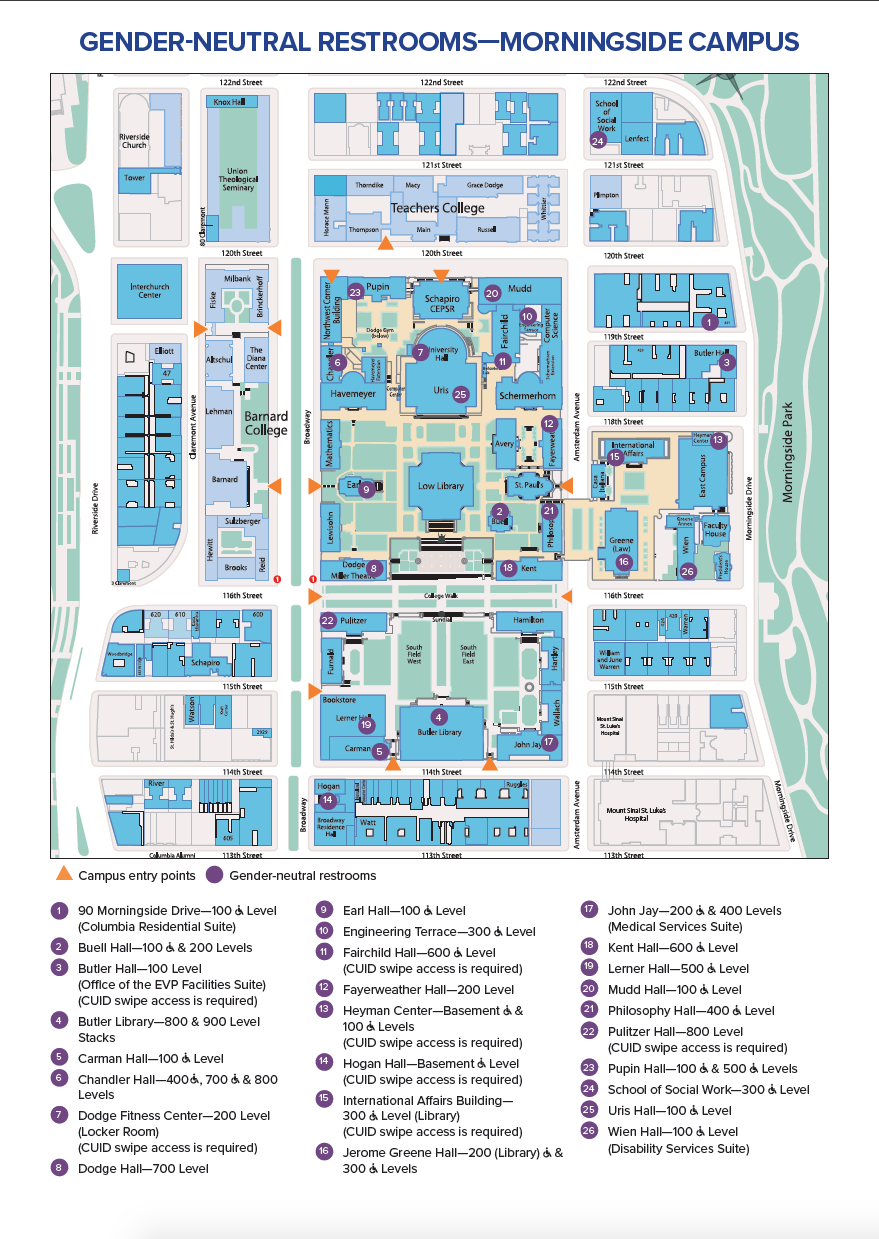 A map of the gender-neutral restrooms on the Morningside campus.