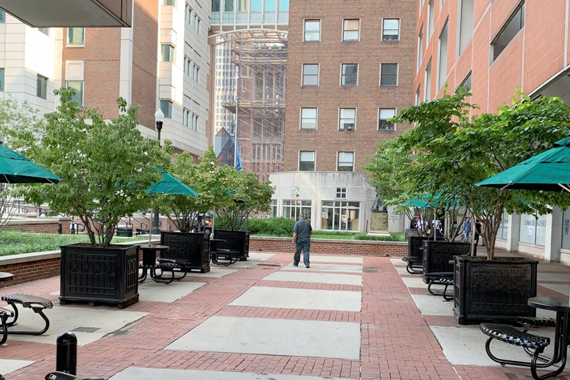 Black picnic tables with green umbrellas and planters in front of the Mudd Building