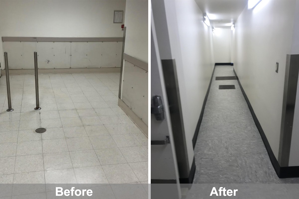 A before and after photo of the second floor hallway of Schermerhorn Hall, showing old floor tiles and new gray flooring.