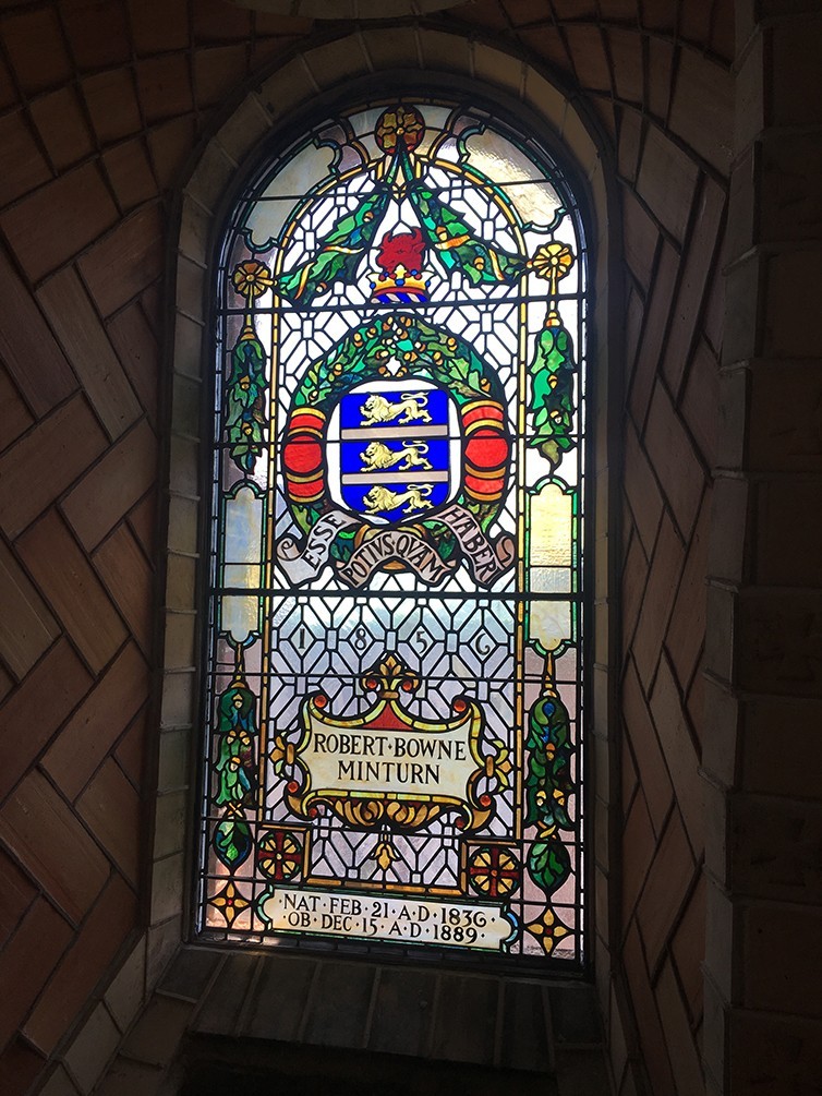 A restored stained glass window inside the chapel dome. This window honors Robert Brown Minturn.