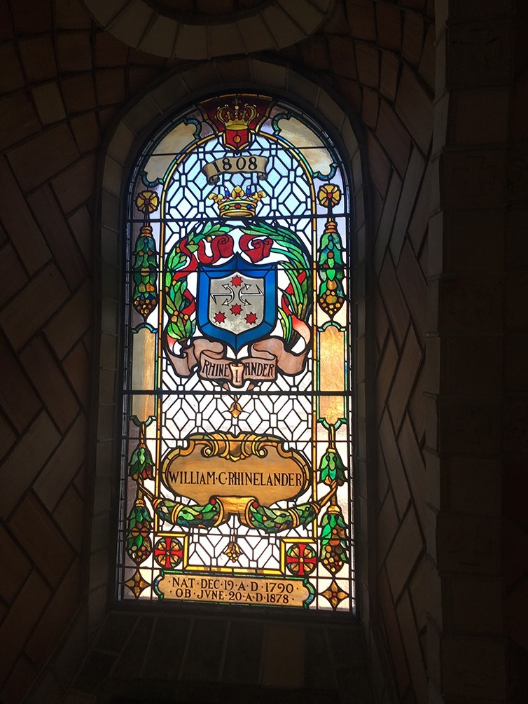 A restored stained glass window inside the chapel dome. This window honors William Rhinelander.