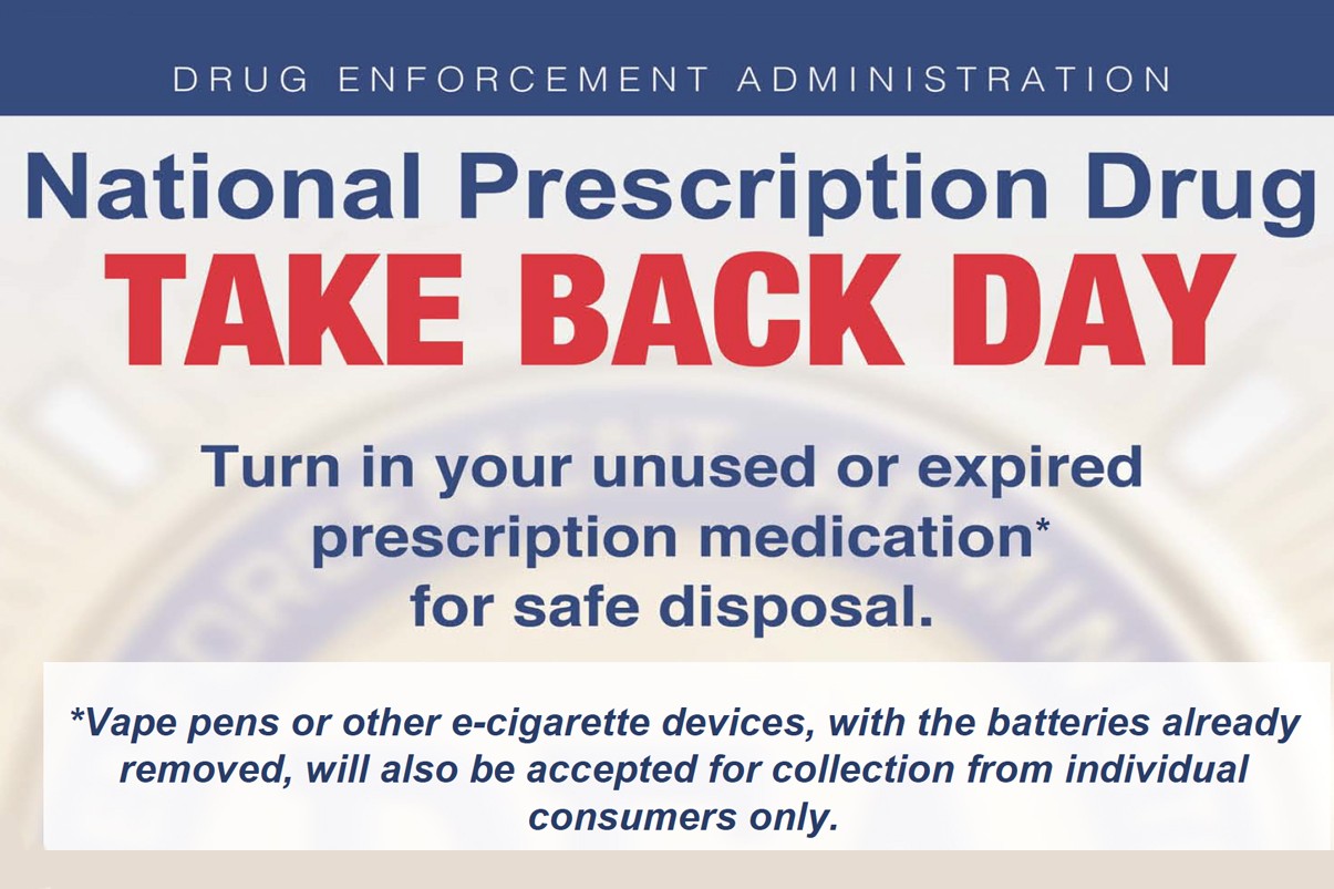 A flyer for National Prescription Drug Take Back Day with details on what is accepted.