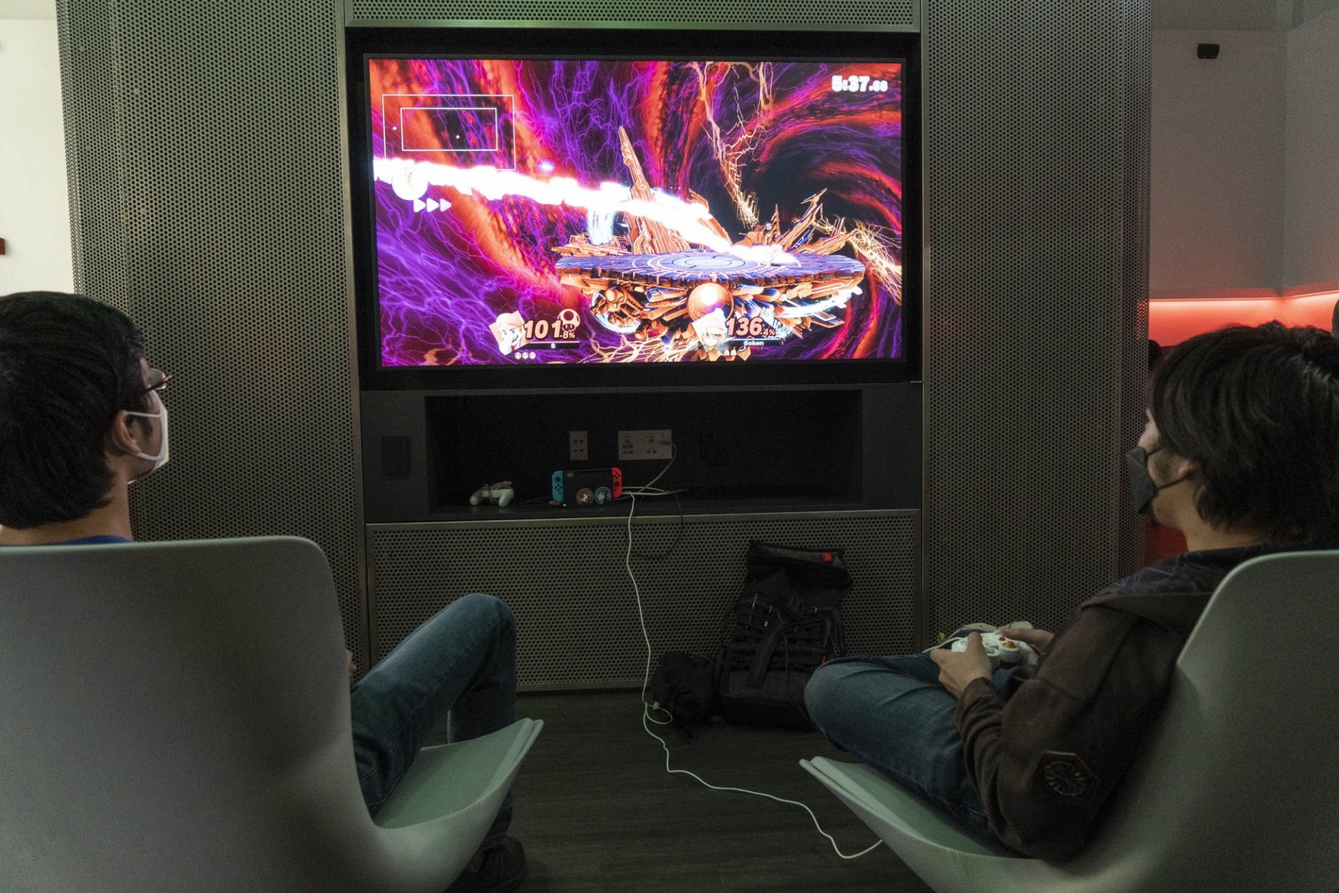 The room has two 75 inch 4K resolution screens with game system plug in capabilities. Photo by Barbara Alper