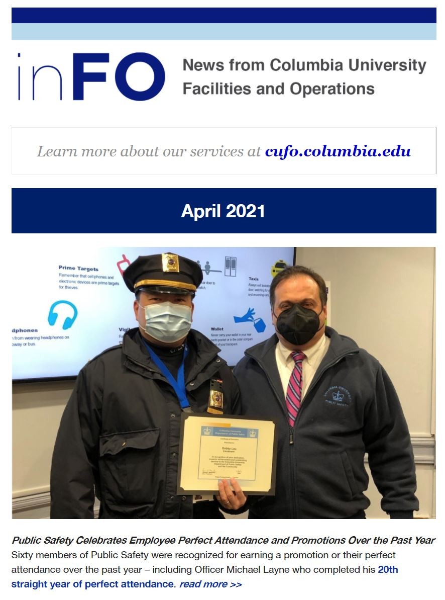 A screenshot of the April 2021 inFO e-newsletter showing two members of the Public Safety team standing side-by-side.