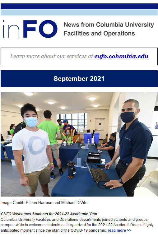 A screenshot of the August 2021 inFO newsletter, showing a student checking in with a Facilities and Operations employee.